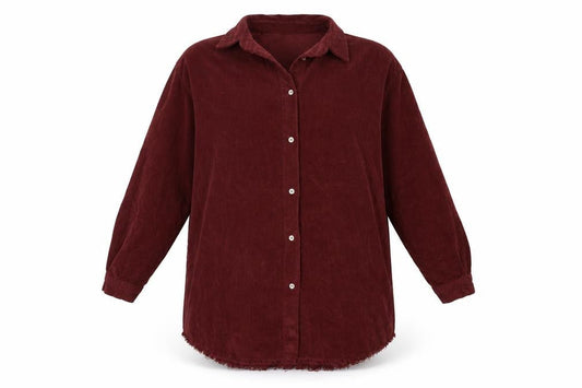 Front view of Select women’s red corduroy shirt dress, size UK 8