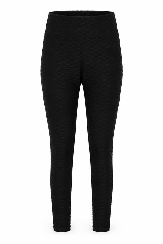 Front view of Preworn women’s black carrot leggings, size M, 25-inch leg - rouched back