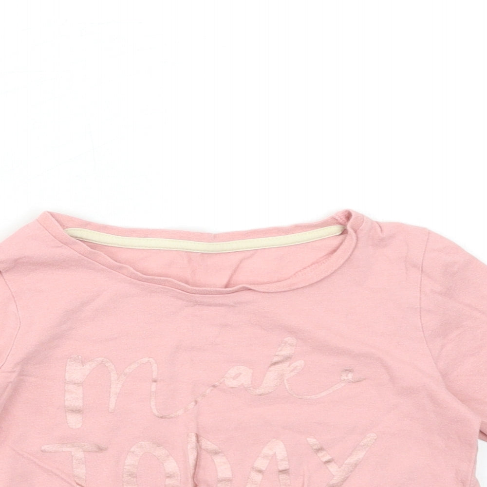 Close-up detail of Nutmeg girls’ pink basic t-shirt, size 5-6, years