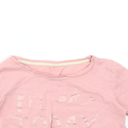 Close-up detail of Nutmeg girls’ pink basic t-shirt, size 5-6, years