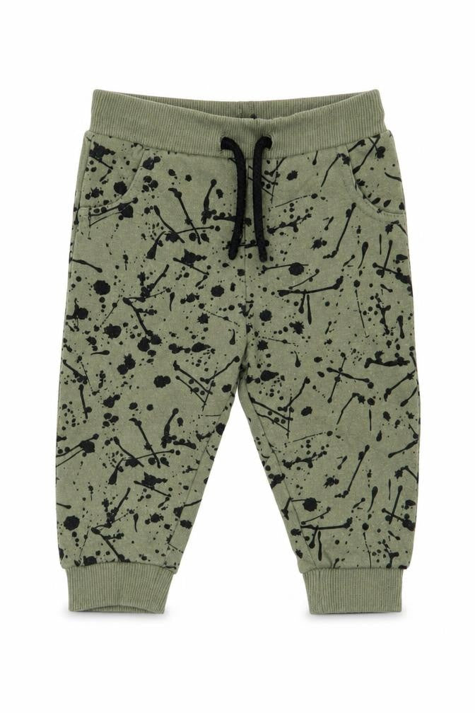 Front view of F&F boys’ green geometric jogger trousers, size 6-9, months
