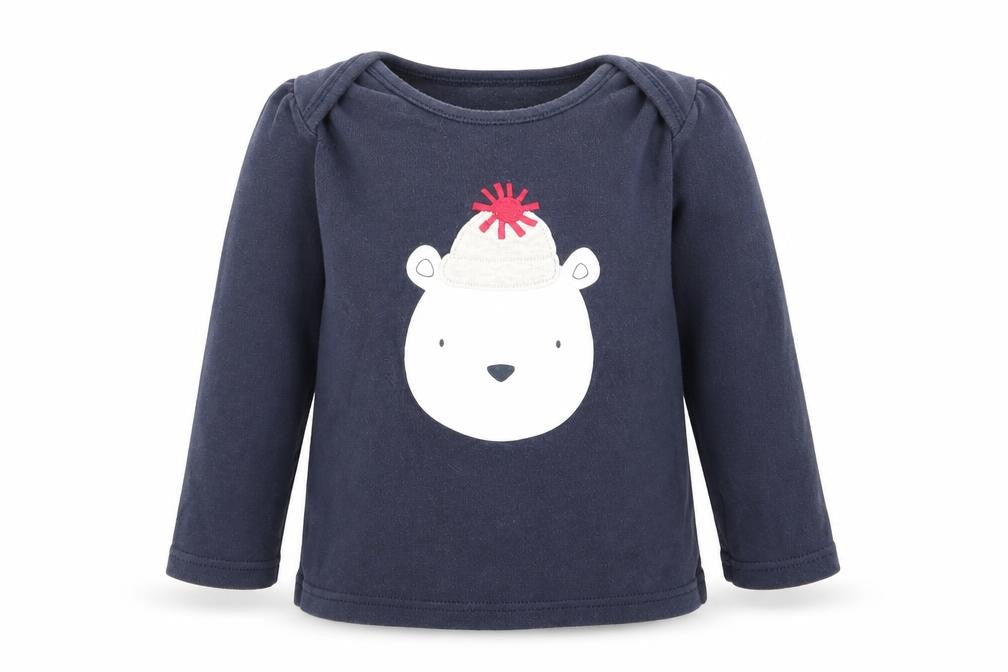 Front view of Asda George girls’ blue animal print babydoll pyjama top, size 18-24, months