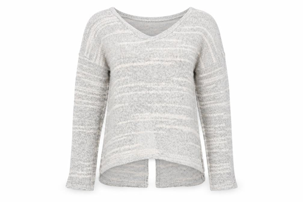 Front view of miss selfrudge women’s beige striped jumper, size UK 10