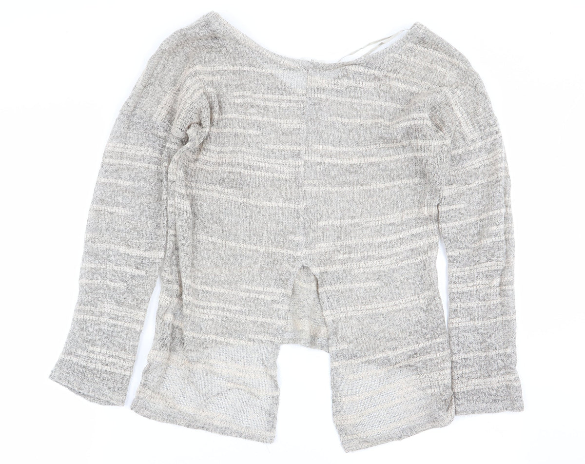Back view of miss selfrudge women’s beige striped jumper, size UK 10