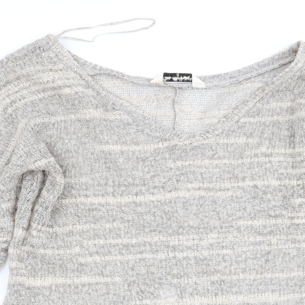 Close-up detail of miss selfrudge women’s beige striped jumper, size UK 10