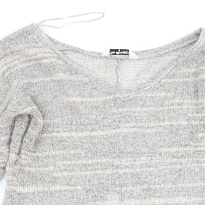 Close-up detail of miss selfrudge women’s beige striped jumper, size UK 10