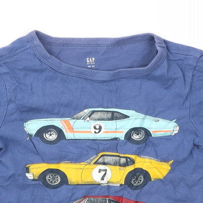 Close-up detail of Gap boys’ blue geometric basic t-shirt, size XS