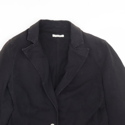 Close-up detail of Sand White women’s black jacket coat, size L