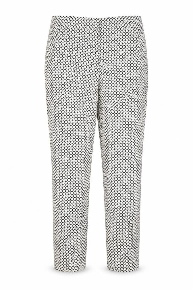 Front view of H&M women’s multicoloured geometric trousers, size UK 12, 27-inch leg