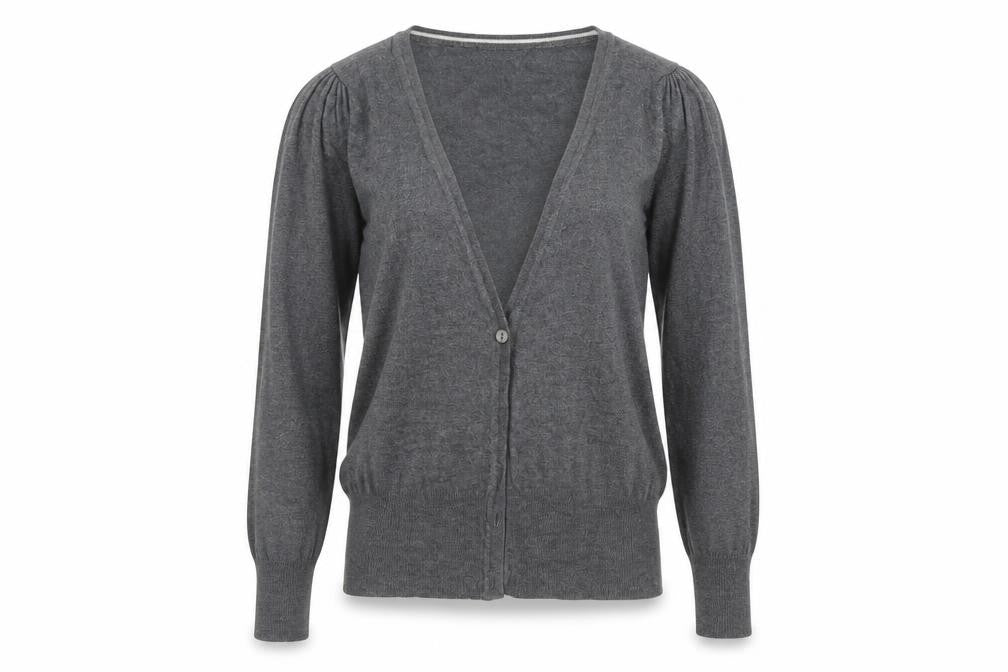 Front view of Dorothy Perkins women’s grey knit cardigan jumper, size UK 10