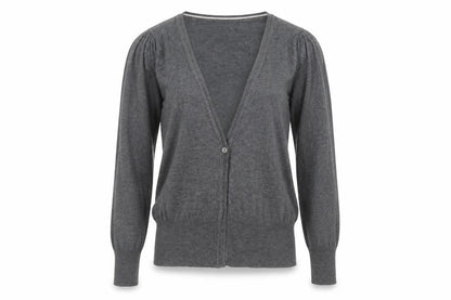 Front view of Dorothy Perkins women’s grey knit cardigan jumper, size UK 10