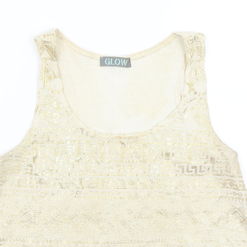 Close-up detail of Glow women’s gold basic tank, size S