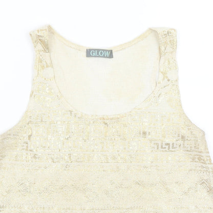 Close-up detail of Glow women’s gold basic tank, size S
