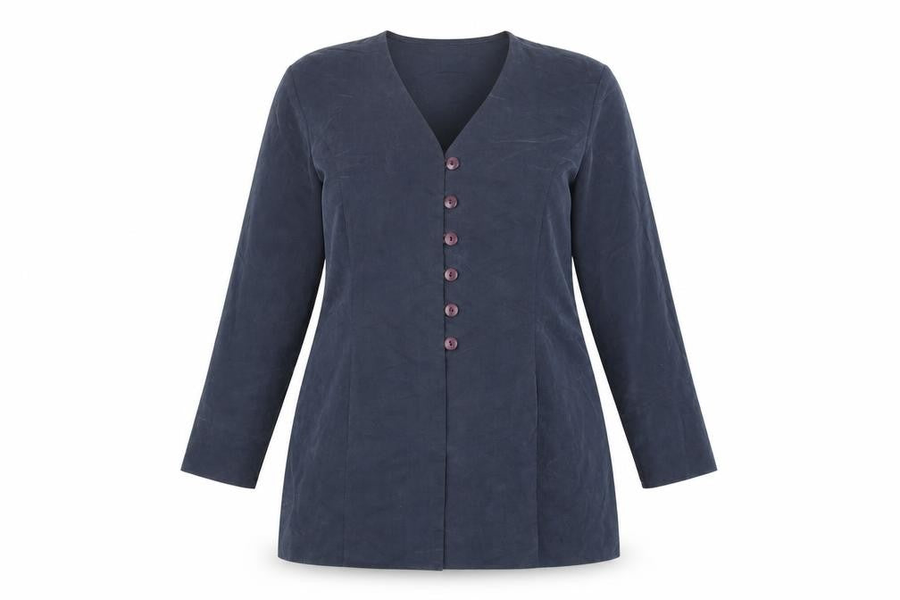 Front view of Prima Collection women’s blue overcoat coat, size UK 16