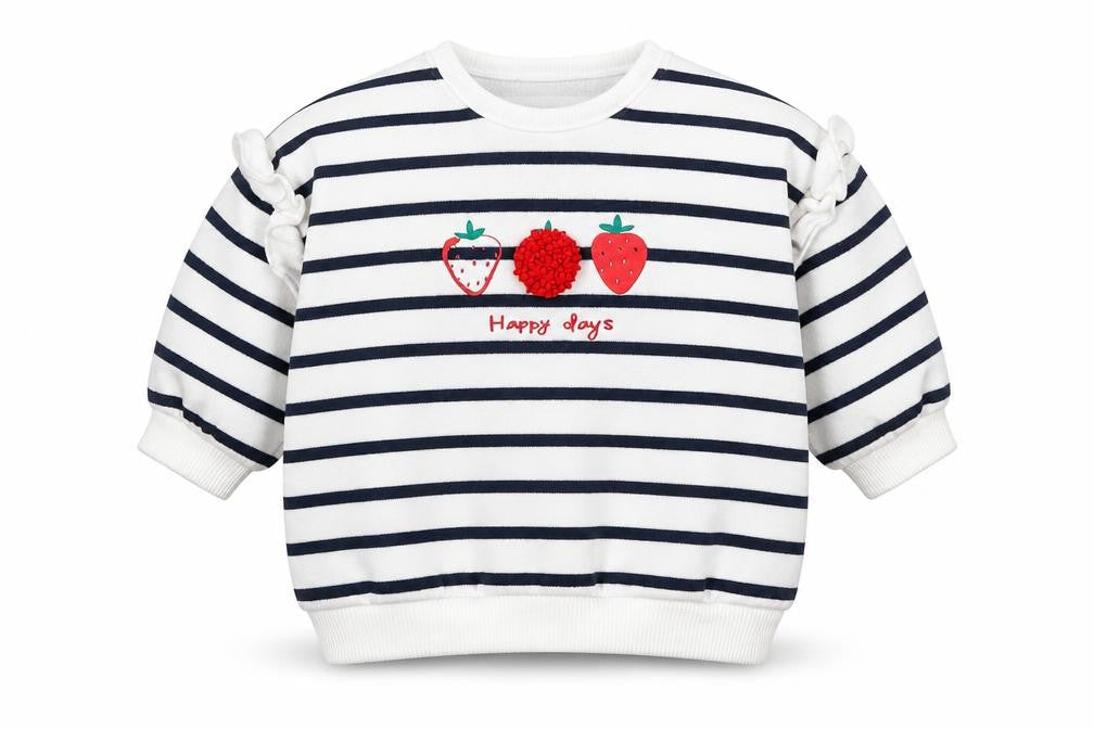 Front view of F&F Baby White Striped jumper, size 0-3, Months - Strawberries