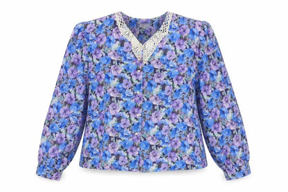 Front view of Dormar women’s blue floral basic button-up, size UK 20