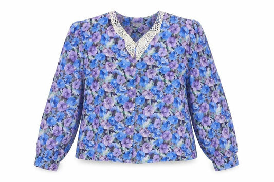 Front view of Dormar women’s blue floral basic button-up, size UK 20