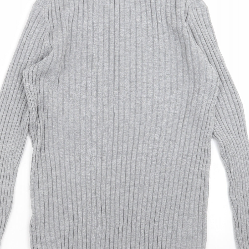 Brand and care label for H&M women’s grey striped knit jumper, size M