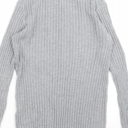 Brand and care label for H&M women’s grey striped knit jumper, size M