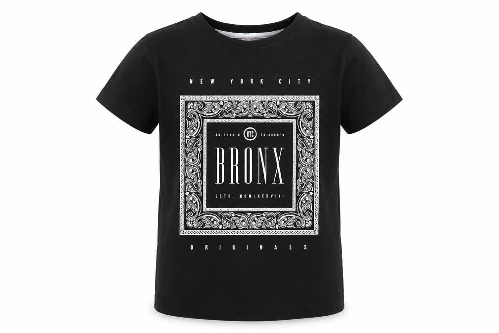 Front view of Primark boys’ black basic t-shirt, size 7-8, years - bronx new york