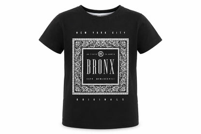 Front view of Primark boys’ black basic t-shirt, size 7-8, years - bronx new york