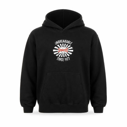 Front view of Awdis boys’ black pullover hoodie, size 9-10, years