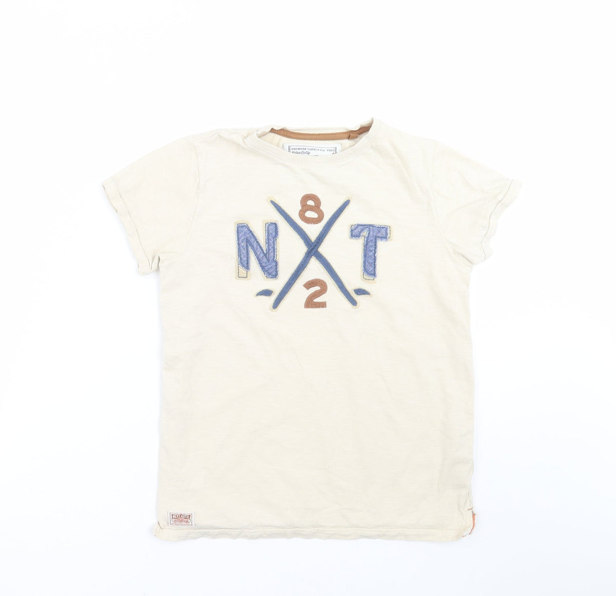 Additional front view of Next boys’ beige basic t-shirt, size 9, years - embroidered detail