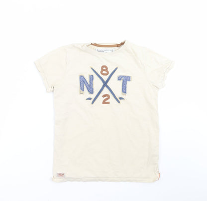 Additional front view of Next boys’ beige basic t-shirt, size 9, years - embroidered detail