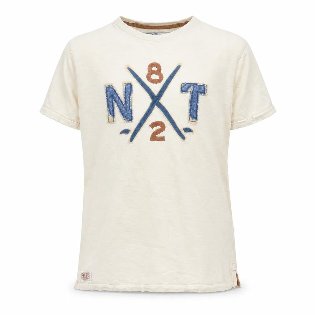 Front view of Next boys’ beige basic t-shirt, size 9, years - embroidered detail