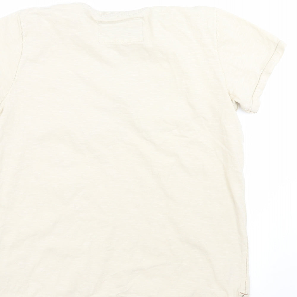 Brand and care label for Next boys’ beige basic t-shirt, size 9, years - embroidered detail