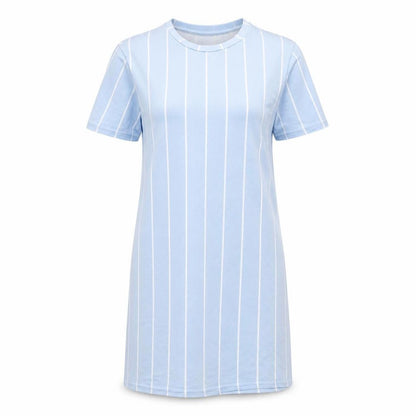 Front view of PRETTYLITTLETHING women’s blue striped slip dress, size UK 6