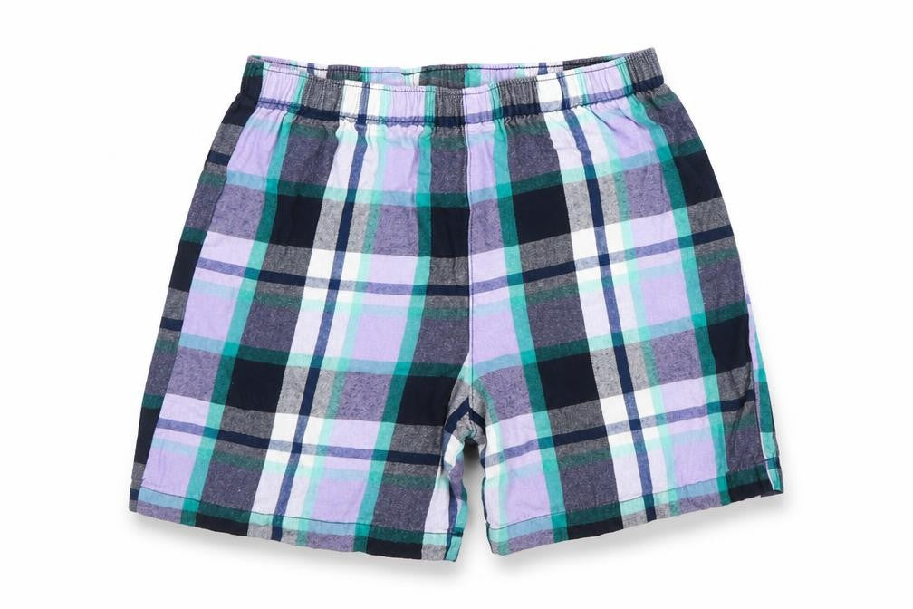 Front view of Tu boys’ purple plaid sweat shorts, size 5, years