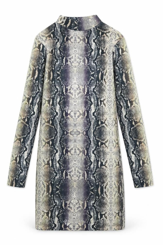 Front view of Quiz women’s green animal print sheath, size UK 6, - snake print