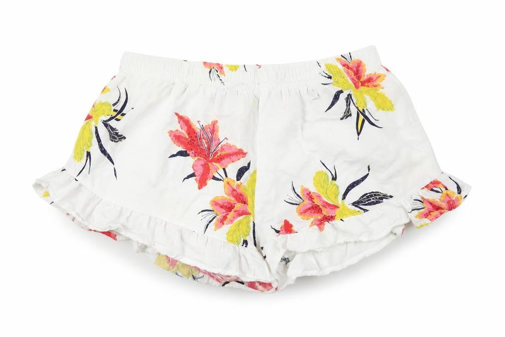 Front view of Women's Secret women’s white floral sweat shorts, size S