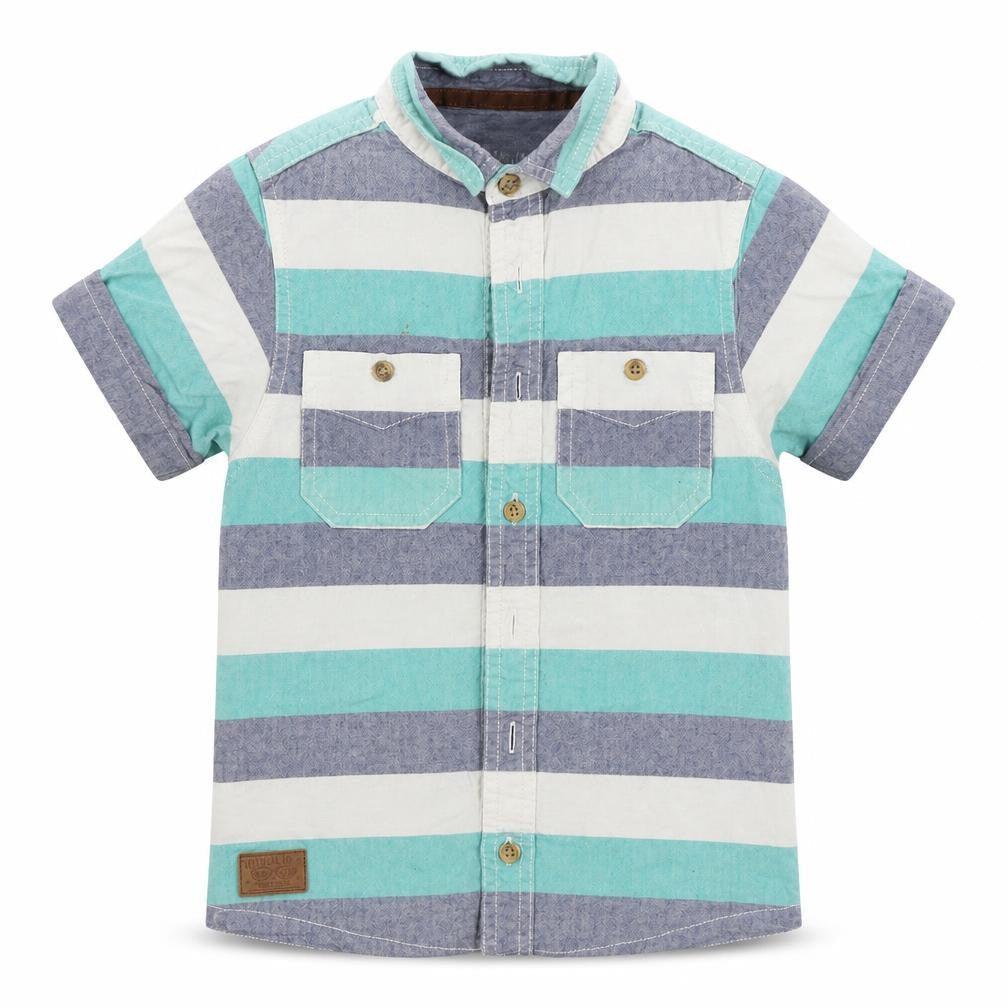Front view of Rebel boys’ green striped basic button-up, size 7-8, years