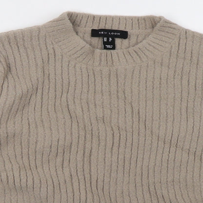 Close-up detail of New Look women’s beige pullover sweatshirt, size UK 10