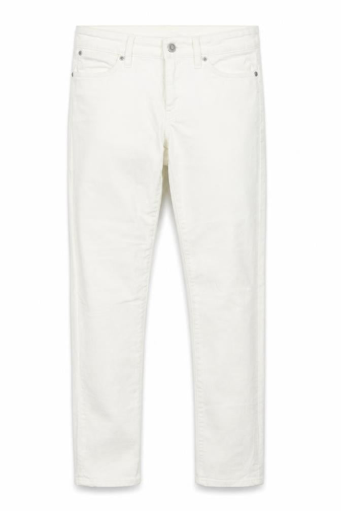 Front view of 1969 women’s white denim straight jeans, size UK 6, 27-inch leg