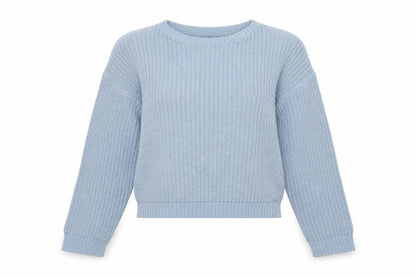 Front view of Boohoo women’s blue pullover sweatshirt, size L