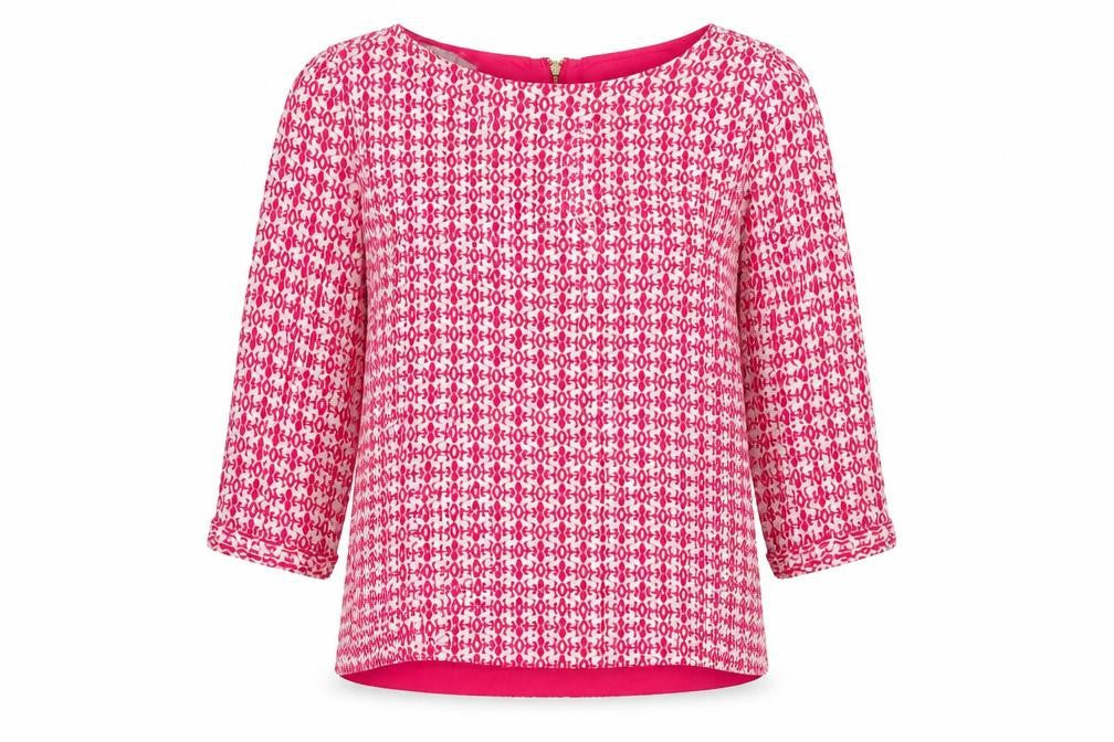 Front view of hampton republic women’s pink geometric basic blouse, size S