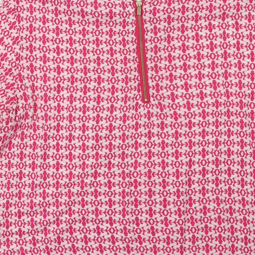 Brand and care label for hampton republic women’s pink geometric basic blouse, size S