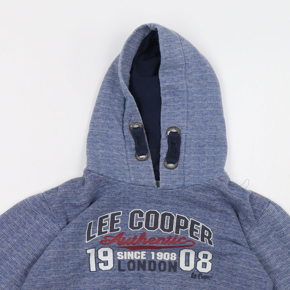 Close-up detail of Lee Cooper boys’ blue pullover hoodie, size 7-8, years
