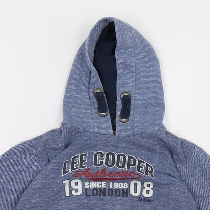 Close-up detail of Lee Cooper boys’ blue pullover hoodie, size 7-8, years