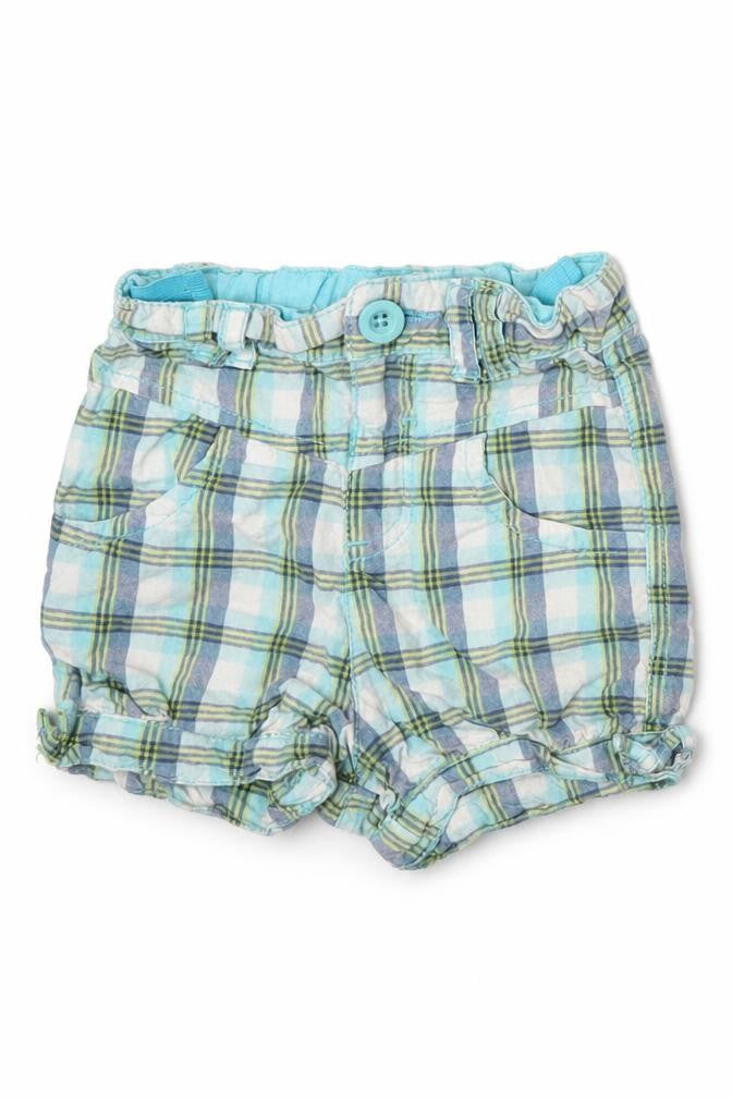 Front view of Cherokee boys’ blue check cropped trousers, size 12-18, months