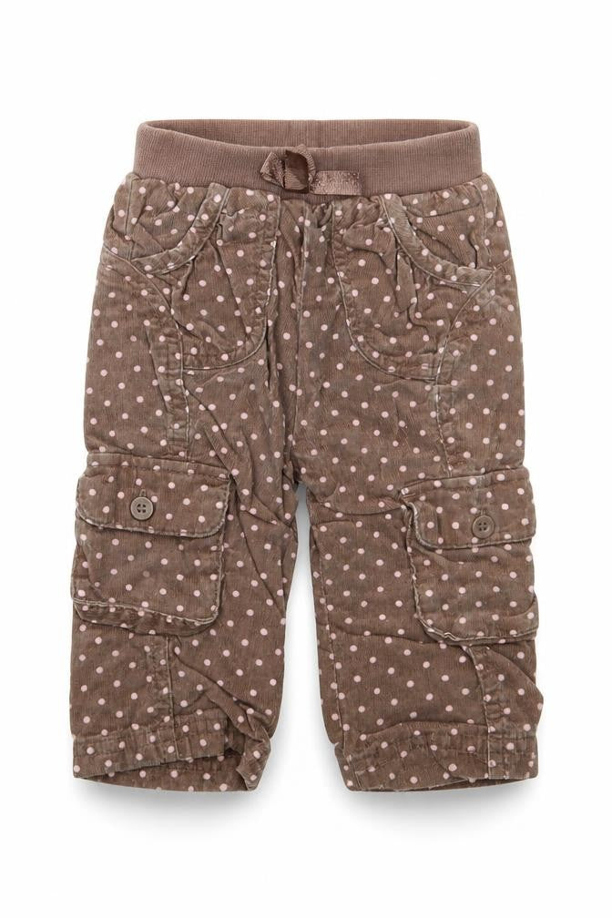Front view of George girls’ black polka dot cargo trousers, size 6-9, months