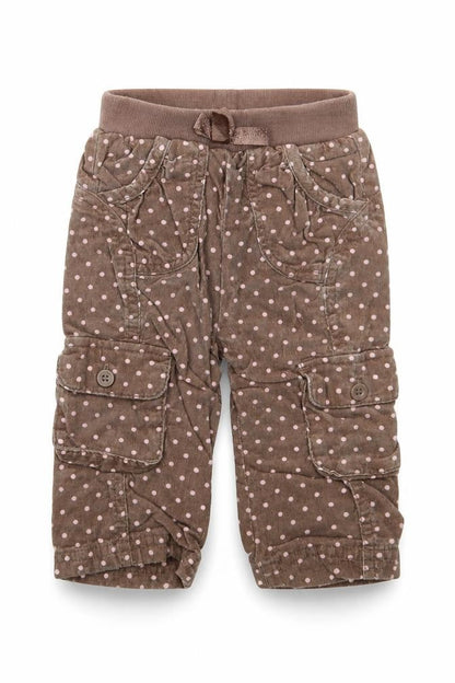 Front view of George girls’ black polka dot cargo trousers, size 6-9, months