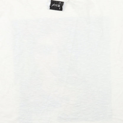 Brand and care label for Zoya women’s white basic t-shirt, size L