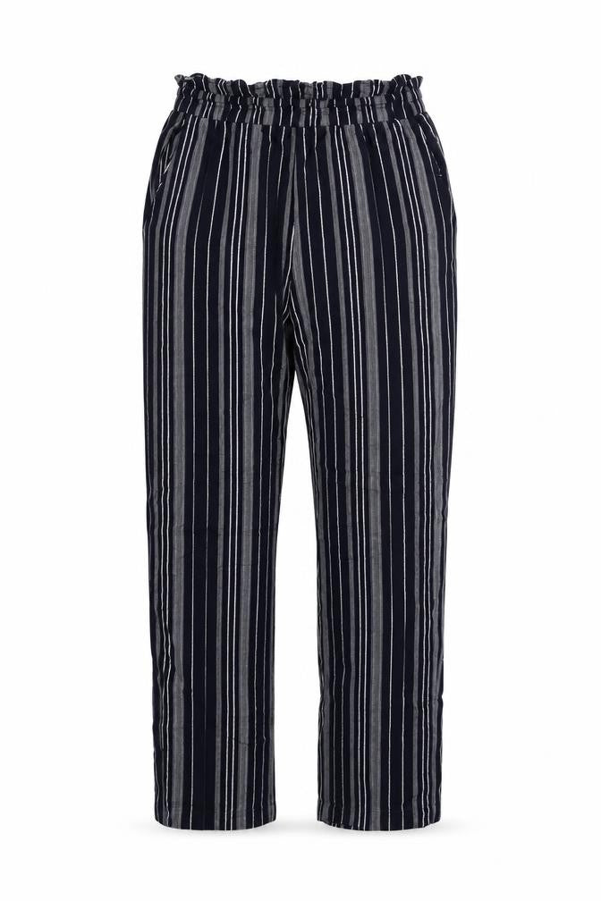 Front view of BHS women’s blue striped trousers, size UK 10, 28-inch leg