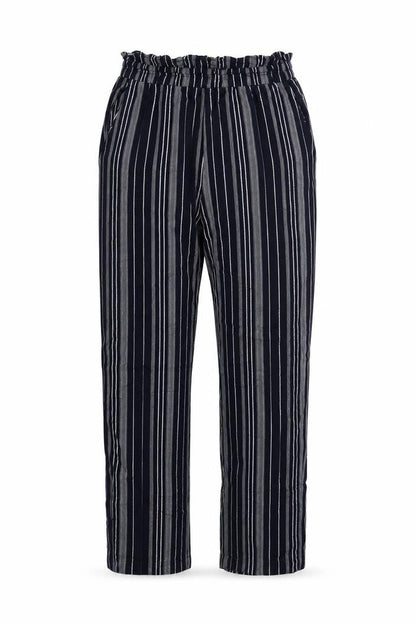Front view of BHS women’s blue striped trousers, size UK 10, 28-inch leg