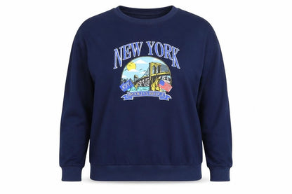 Front view of SHEIN women’s blue pullover hoodie, size L, - new york