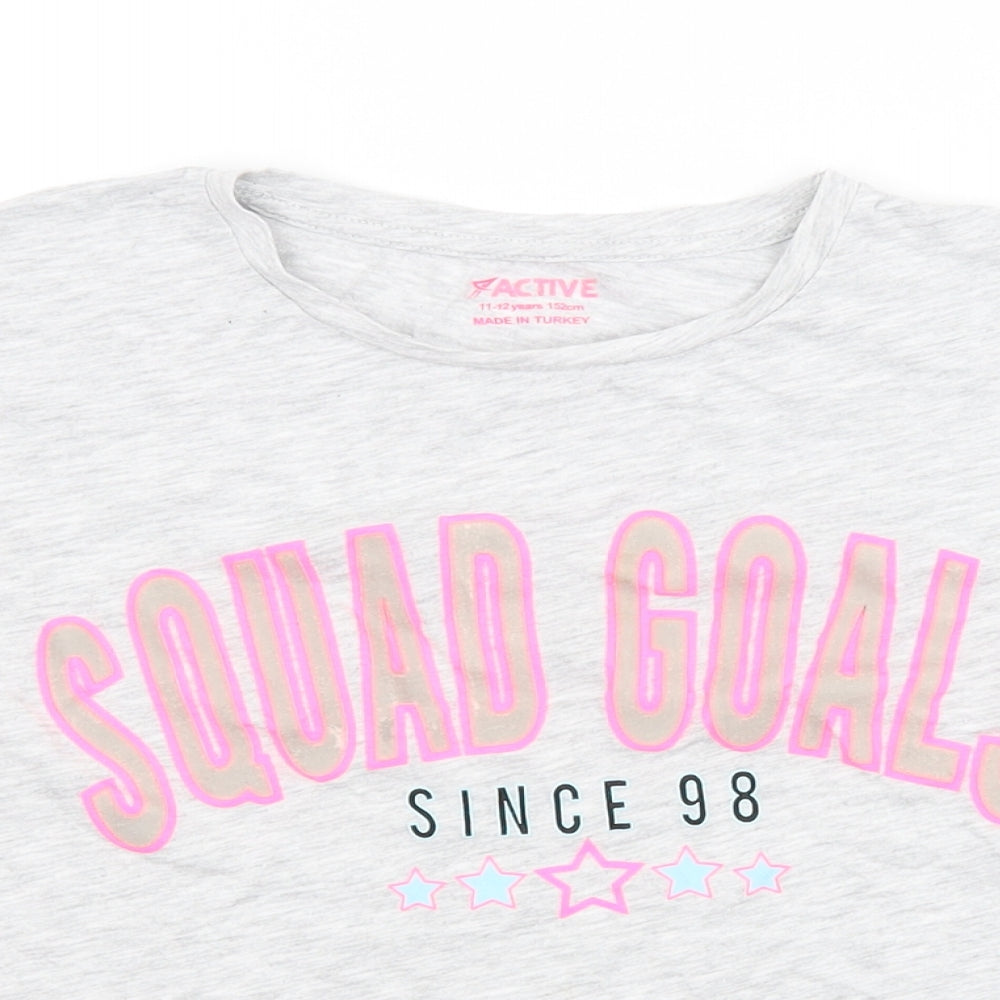 Close-up detail of Primark girls’ grey basic t-shirt, size 11-12, years